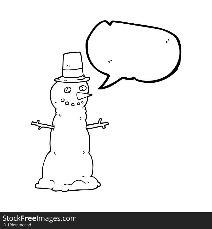 freehand drawn speech bubble cartoon snowman in top hat