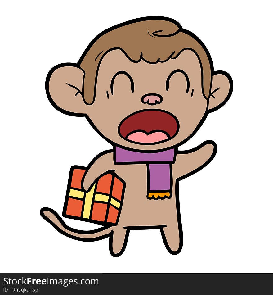 shouting cartoon monkey carrying christmas gift. shouting cartoon monkey carrying christmas gift