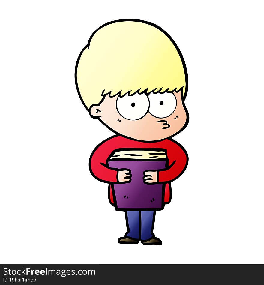 nervous cartoon boy holding book. nervous cartoon boy holding book