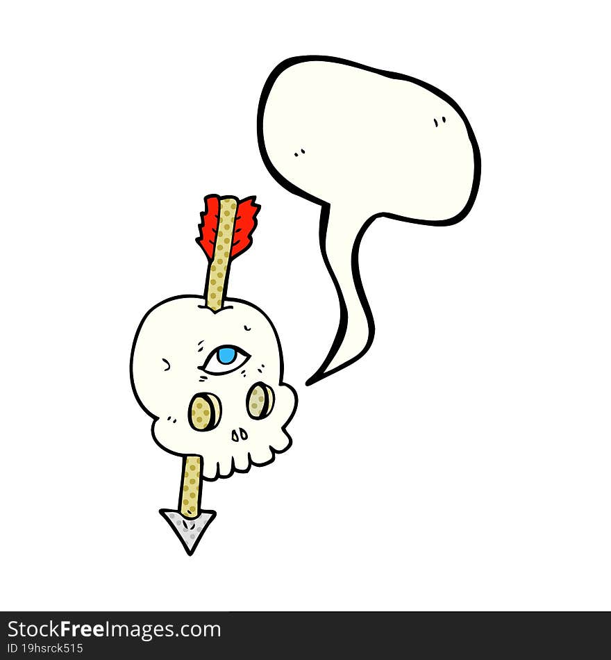 comic book speech bubble cartoon magic skull with arrow through brain