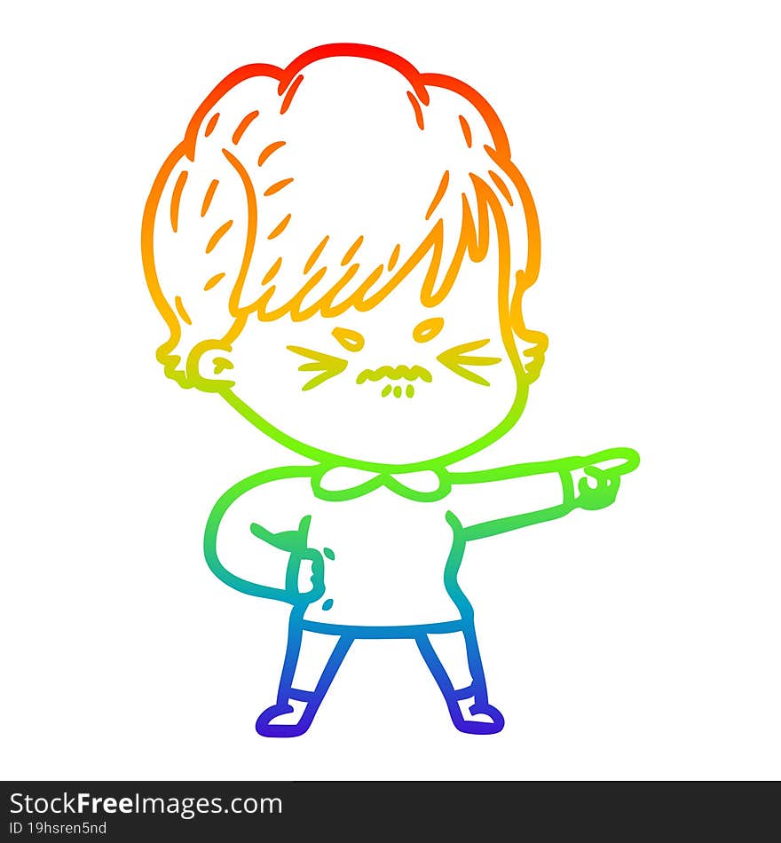 Rainbow Gradient Line Drawing Cartoon Frustrated Woman