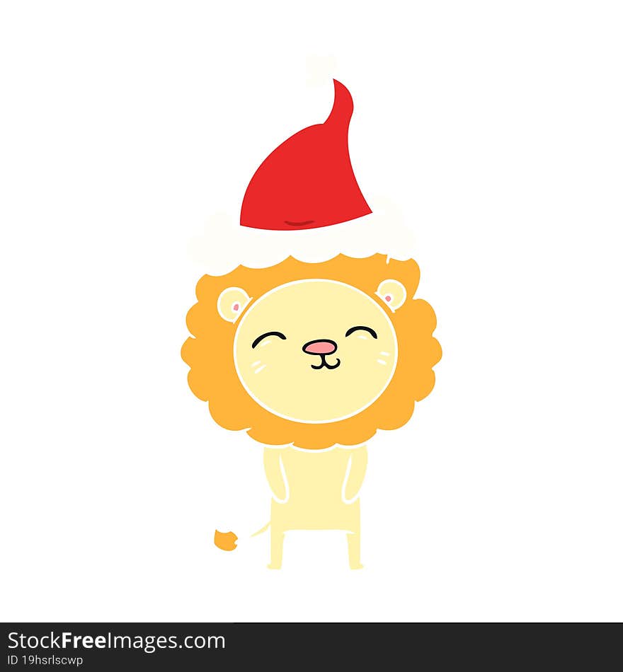 flat color illustration of a lion wearing santa hat