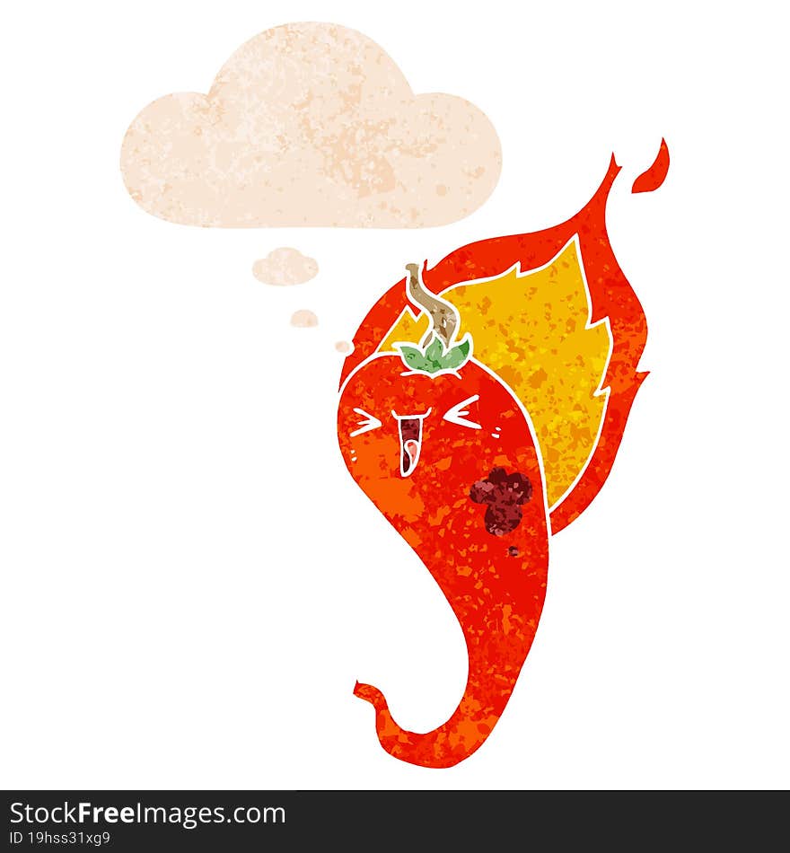 cartoon flaming hot chili pepper and thought bubble in retro textured style