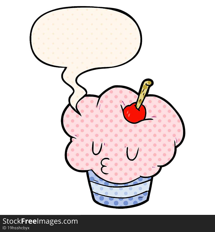 funny cartoon cupcake and speech bubble in comic book style