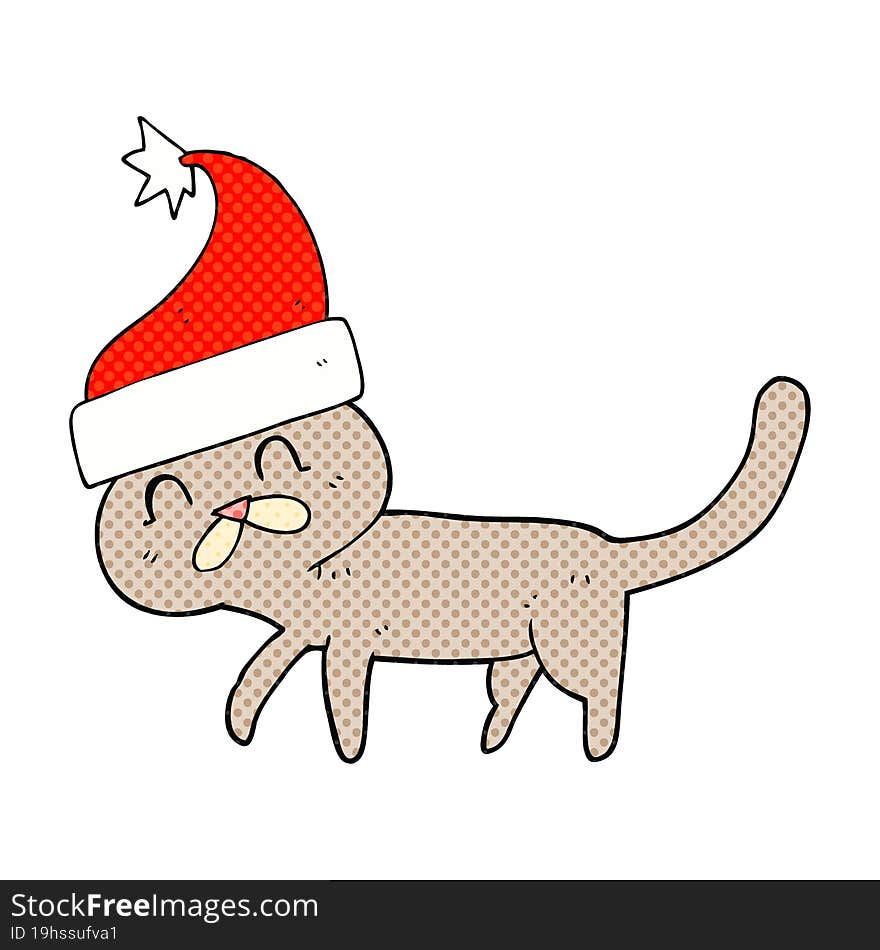 freehand drawn cartoon cat wearing christmas hat