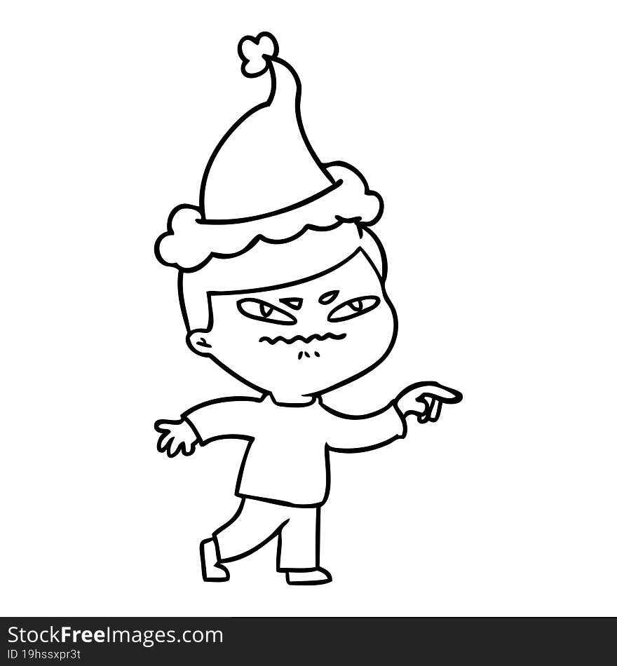 hand drawn line drawing of a angry man pointing wearing santa hat