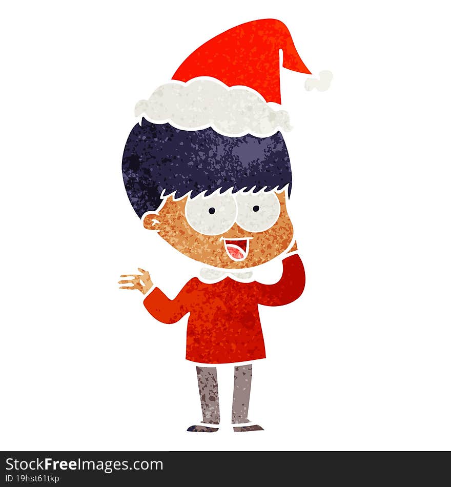 happy hand drawn retro cartoon of a boy wearing santa hat. happy hand drawn retro cartoon of a boy wearing santa hat