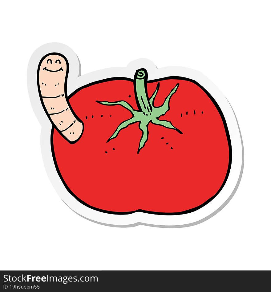 sticker of a cartoon tomato with worm