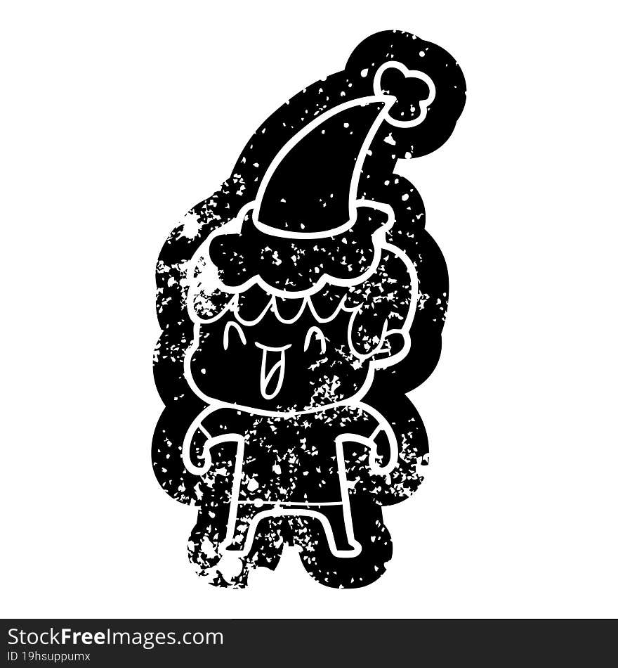 cartoon distressed icon of a laughing boy wearing santa hat