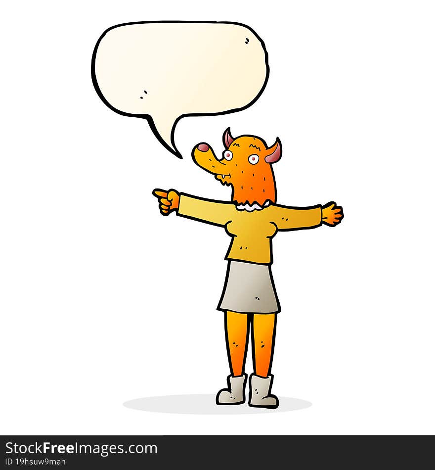 cartoon pointing fox woman with speech bubble