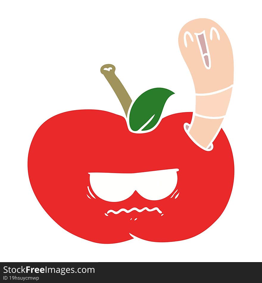 flat color style cartoon worm eating an angry apple