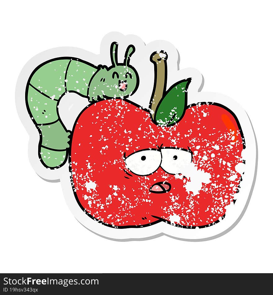 Distressed Sticker Of A Cartoon Apple And Bug