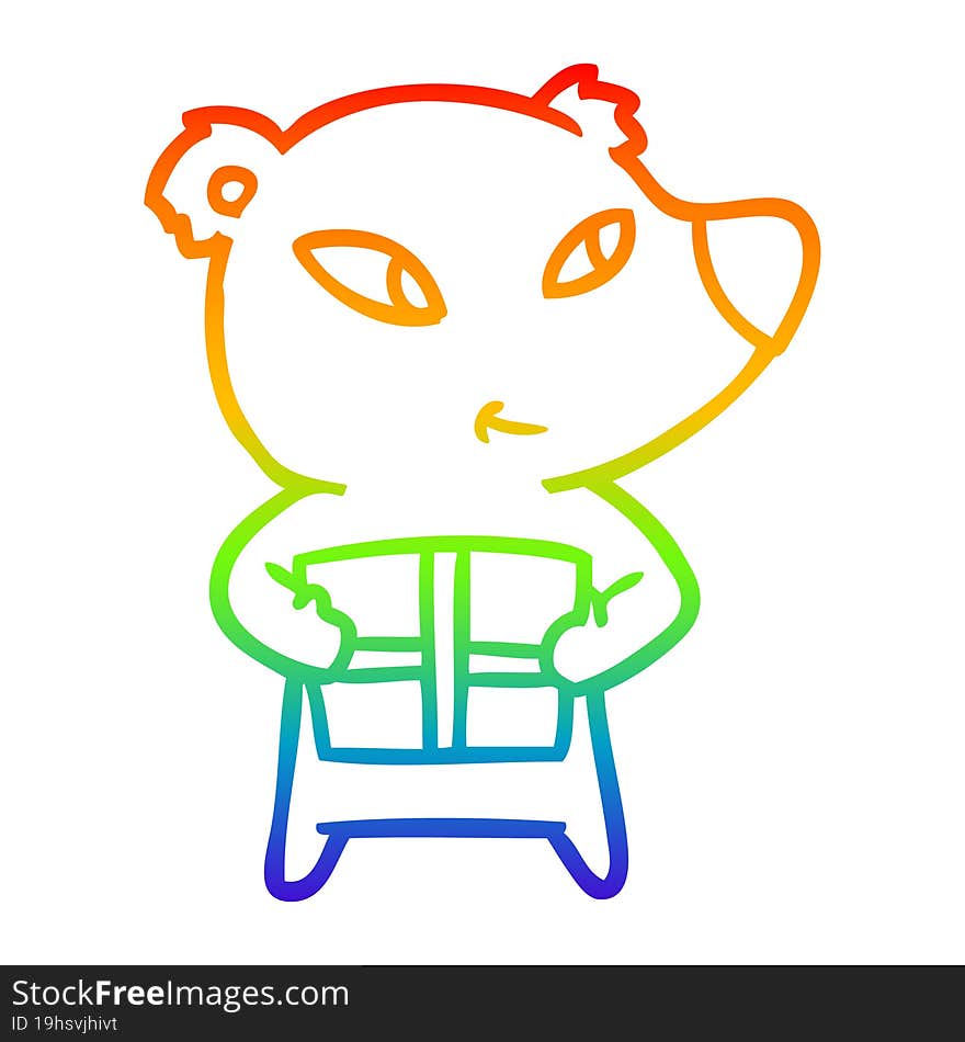 Rainbow Gradient Line Drawing Cute Cartoon Polar Bear With Xmas Present