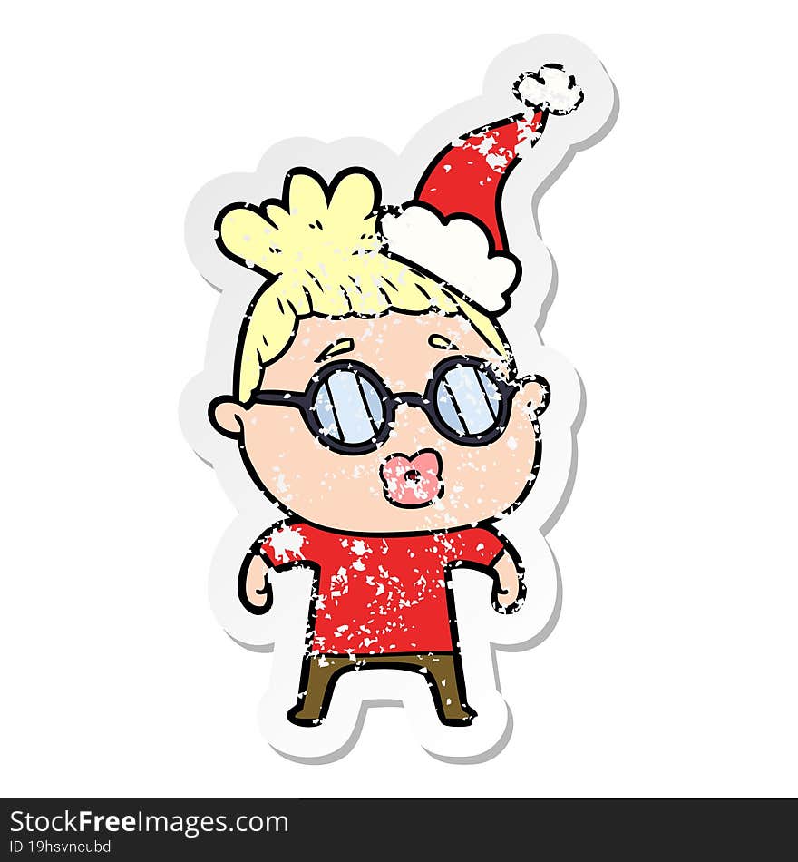 Distressed Sticker Cartoon Of A Woman Wearing Spectacles Wearing Santa Hat