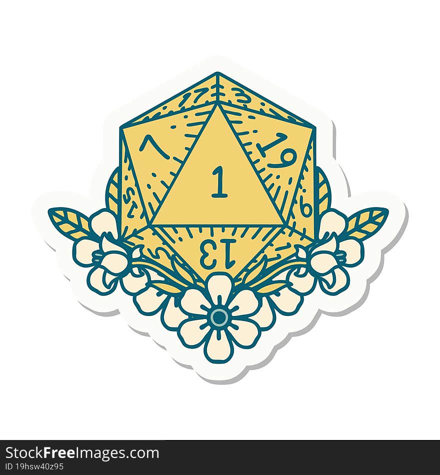 sticker of a natural one dice roll with floral elements. sticker of a natural one dice roll with floral elements