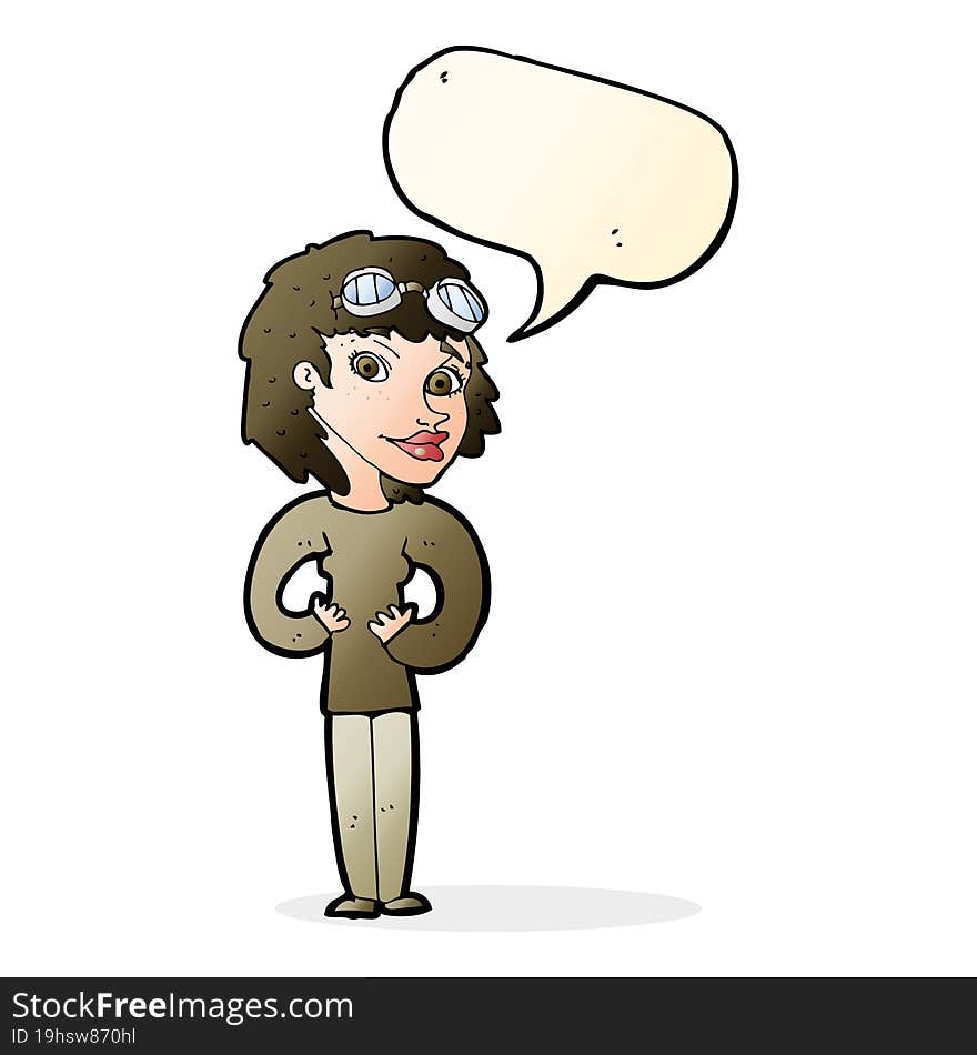 cartoon aviator woman with speech bubble