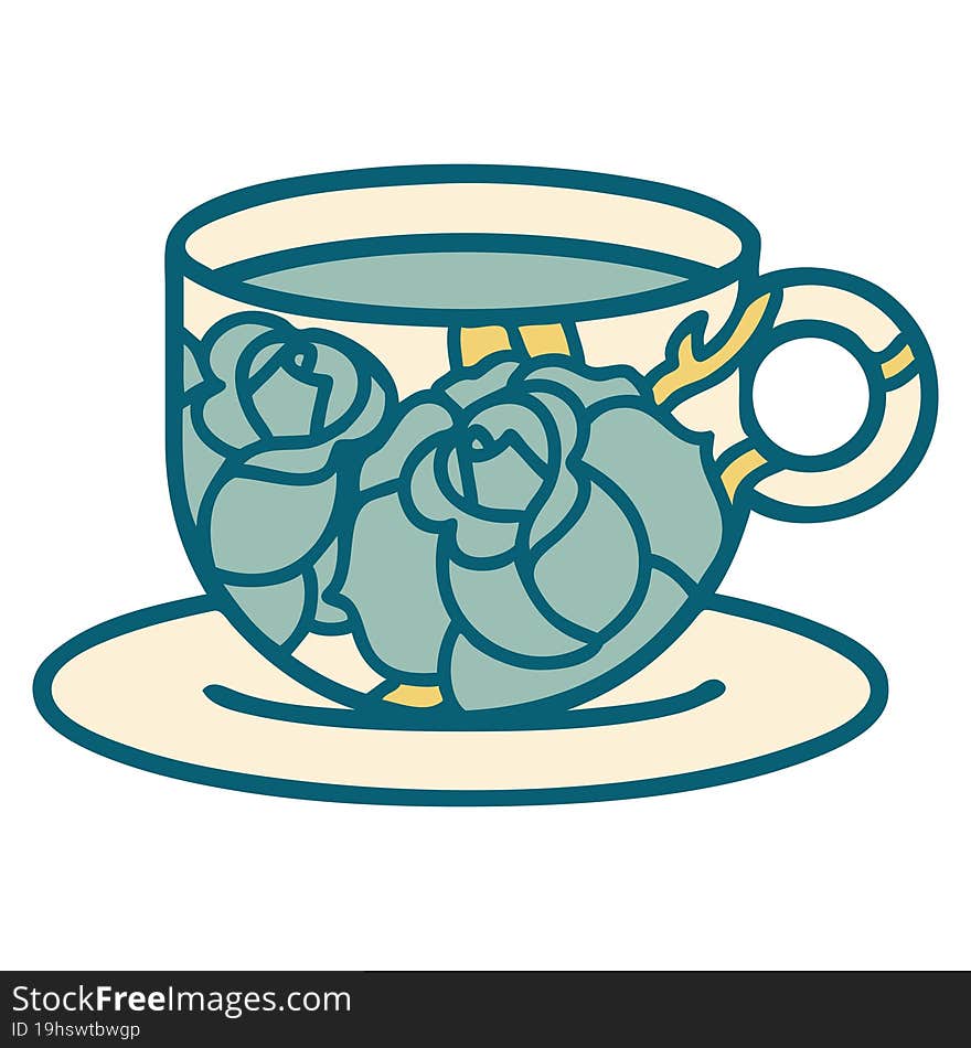 tattoo style icon of a cup and flowers