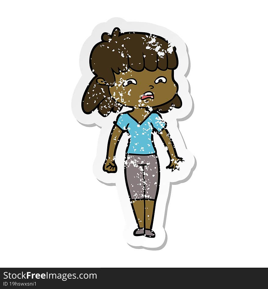 Distressed Sticker Of A Cartoon Worried Woman