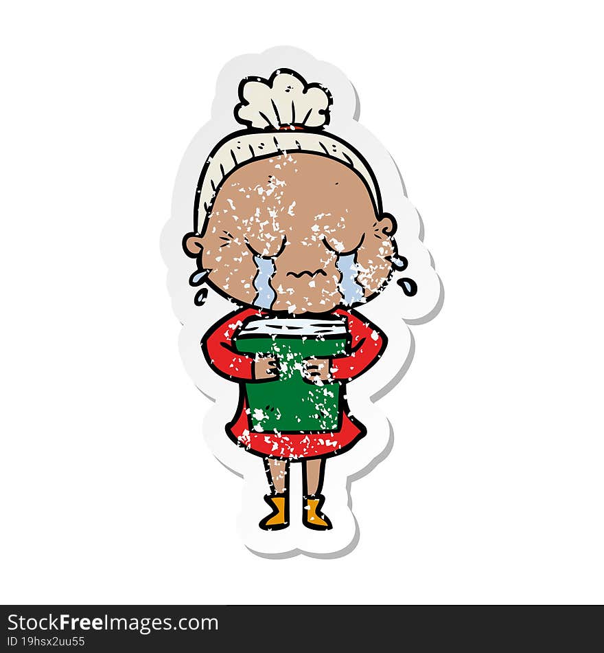 Distressed Sticker Of A Cartoon Crying Old Lady