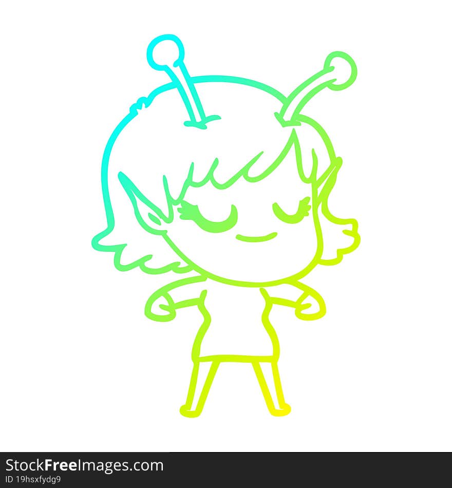 cold gradient line drawing smiling alien girl cartoon