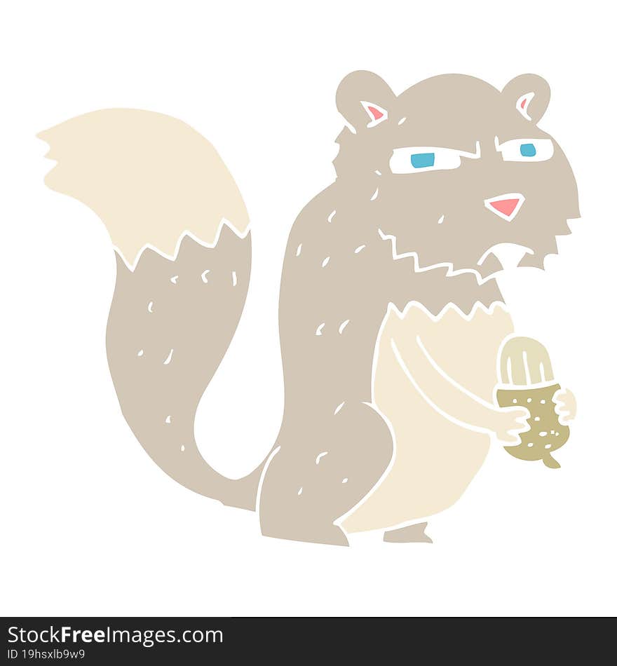 Flat Color Illustration Of A Cartoon Angry Squirrel With Nut