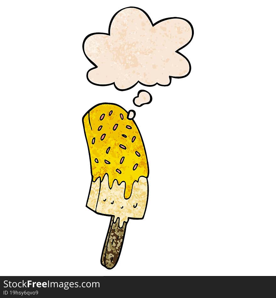 cartoon ice cream lolly and thought bubble in grunge texture pattern style