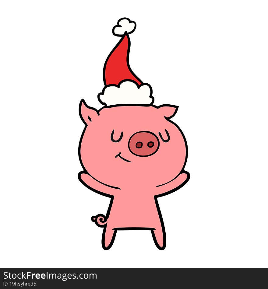 happy hand drawn line drawing of a pig wearing santa hat. happy hand drawn line drawing of a pig wearing santa hat