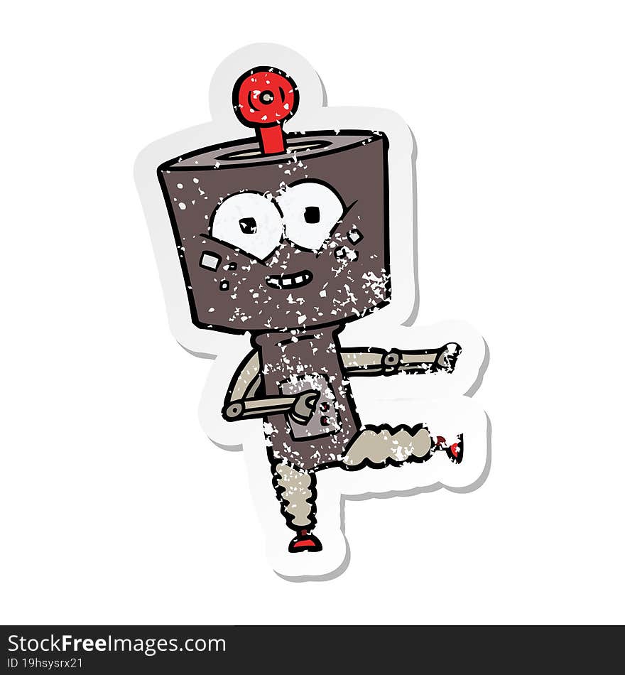 distressed sticker of a happy cartoon robot dancing