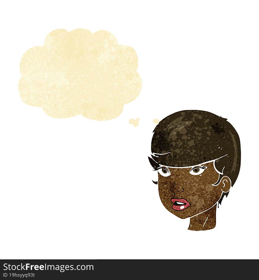 cartoon pretty female face with thought bubble