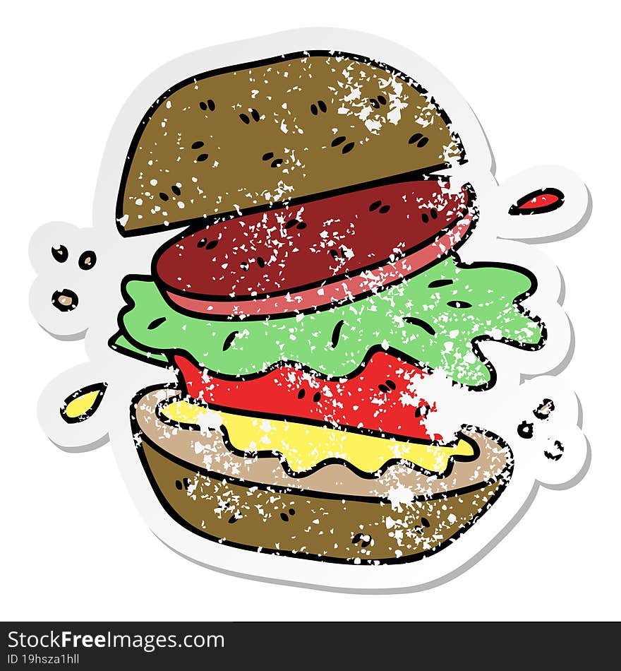 distressed sticker of a quirky hand drawn cartoon veggie burger