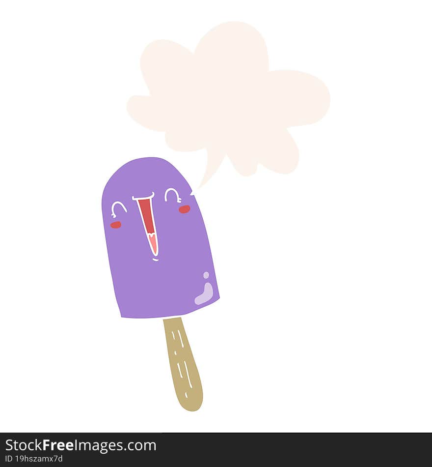 cartoon happy ice lolly and speech bubble in retro style