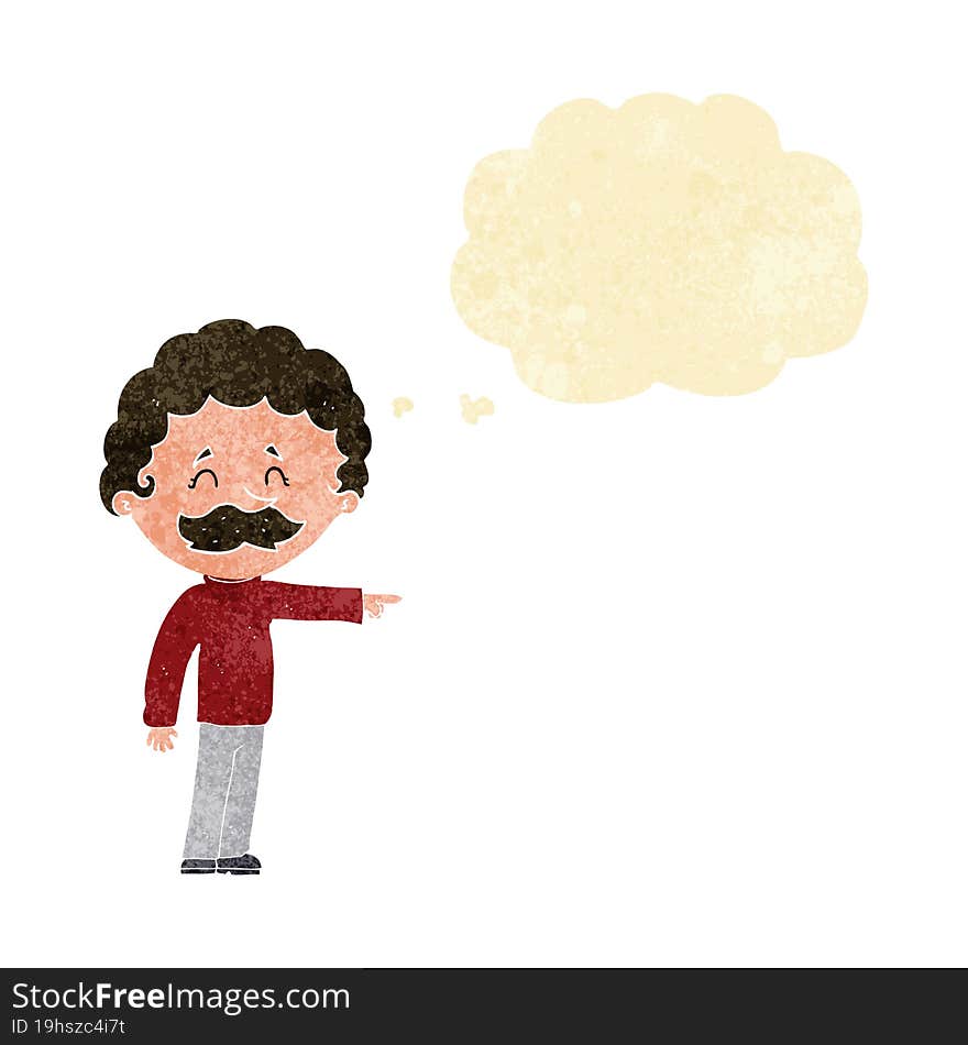 Cartoon Man With Mustache Pointing With Thought Bubble