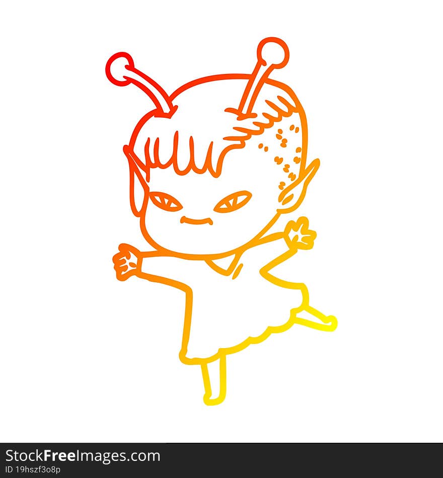 warm gradient line drawing of a cute cartoon alien girl