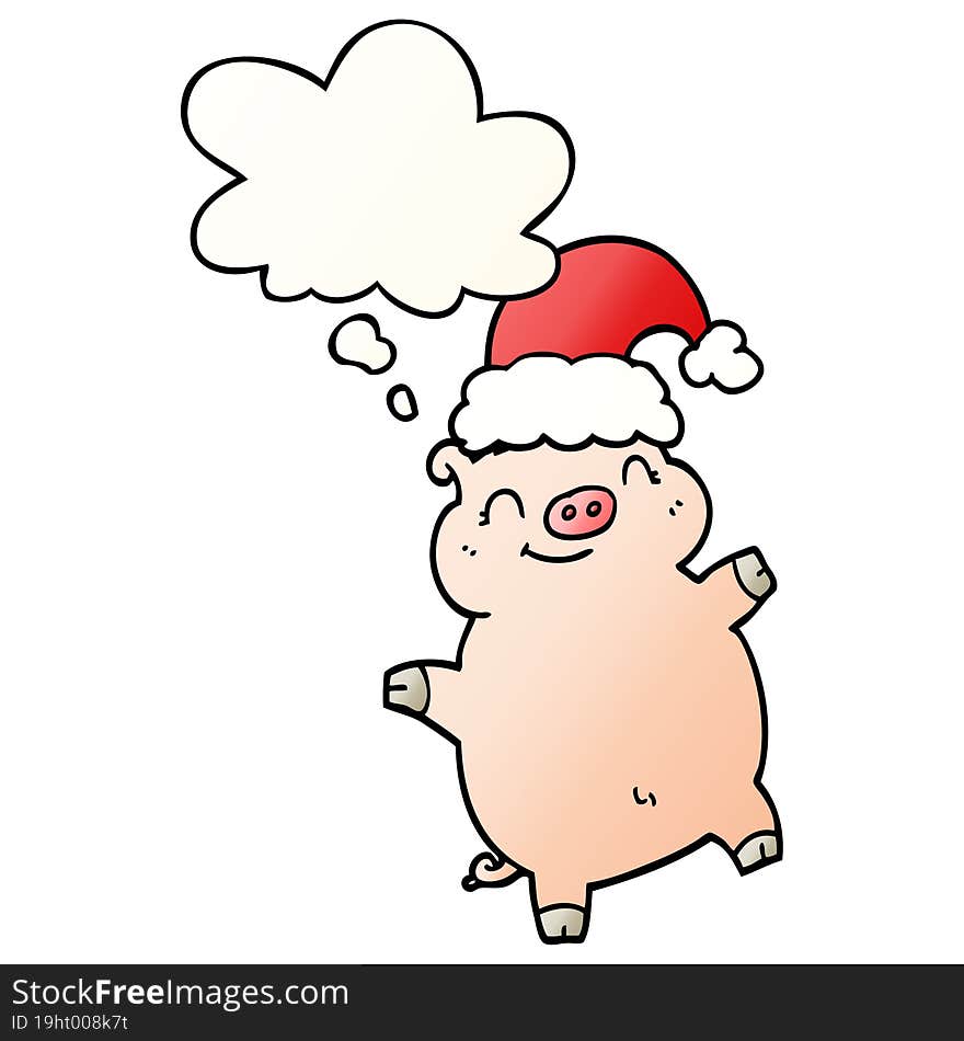 cartoon happy christmas pig and thought bubble in smooth gradient style