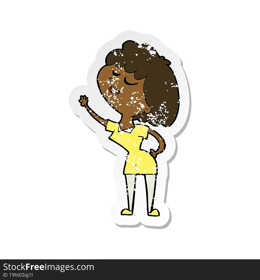 retro distressed sticker of a cartoon happy woman about to speak