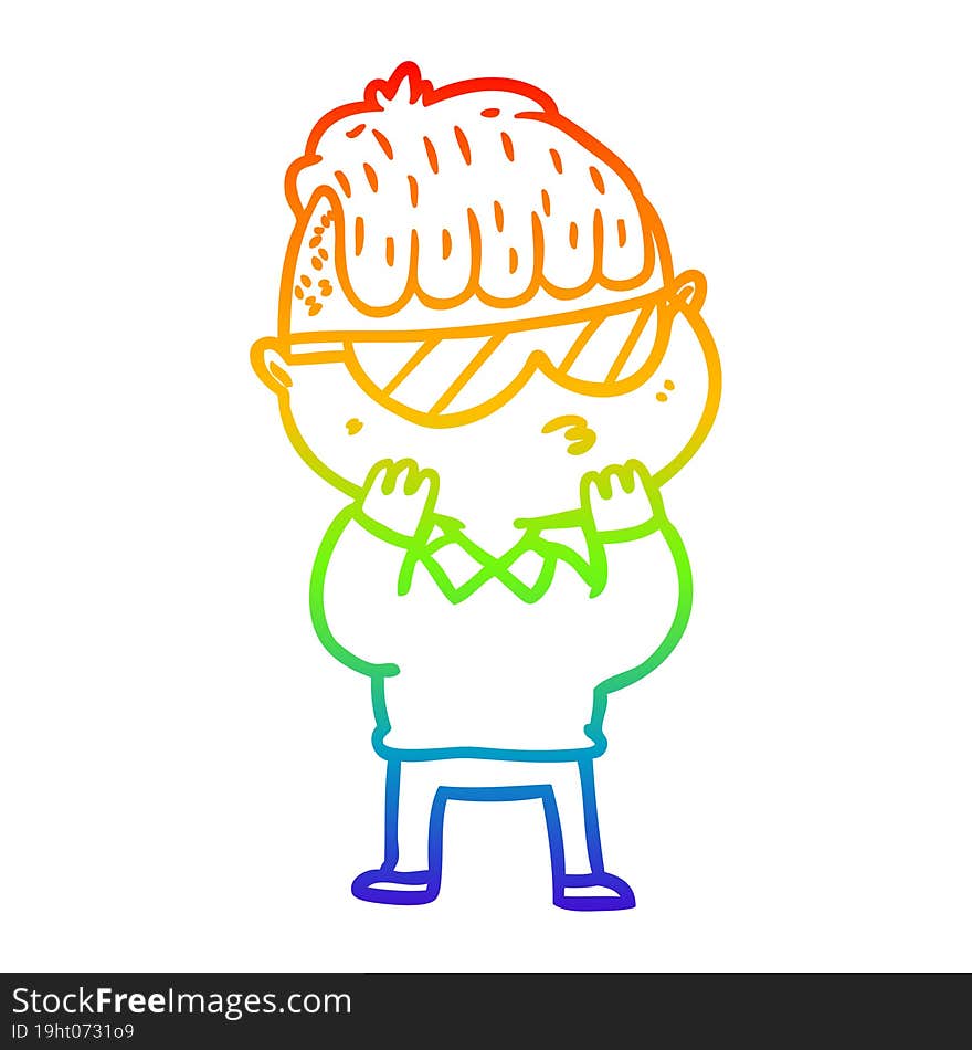 Rainbow Gradient Line Drawing Cartoon Boy Wearing Sunglasses