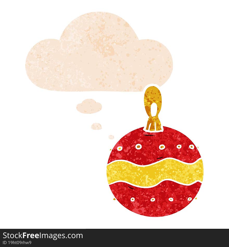 cartoon christmas bauble and thought bubble in retro textured style