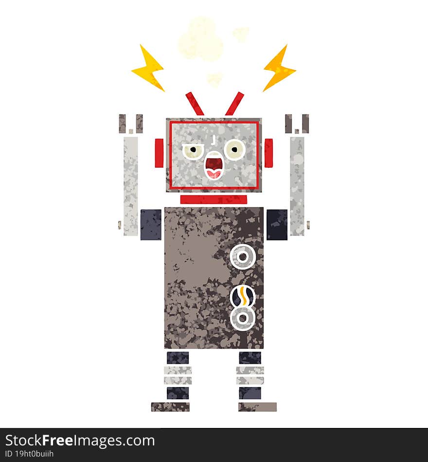 retro illustration style cartoon of a broken robot