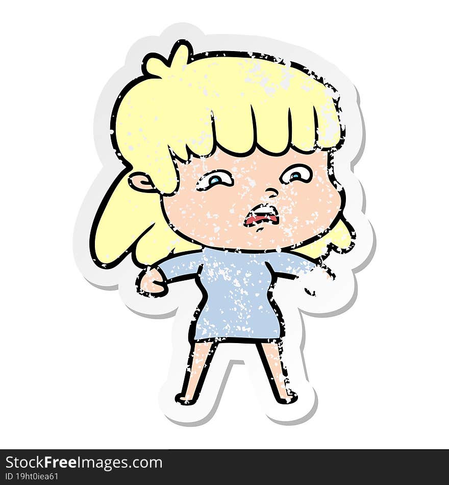 Distressed Sticker Of A Cartoon Worried Woman