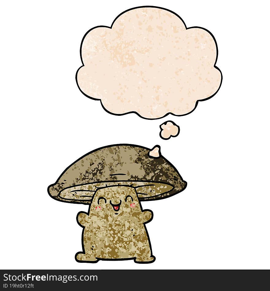 cartoon mushroom character with thought bubble in grunge texture style. cartoon mushroom character with thought bubble in grunge texture style