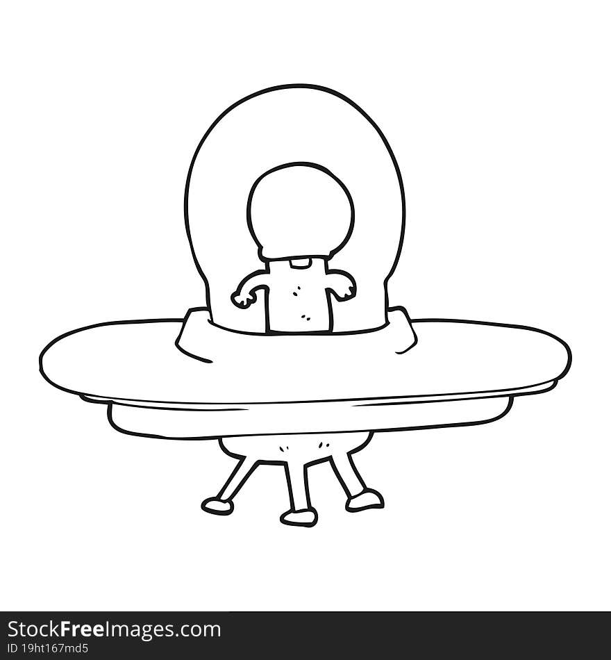 black and white cartoon alien in flying saucer