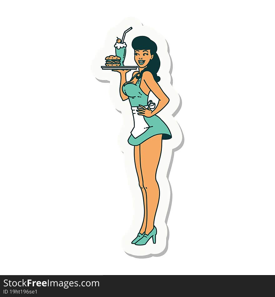 sticker of tattoo in traditional style of a pinup waitress girl. sticker of tattoo in traditional style of a pinup waitress girl