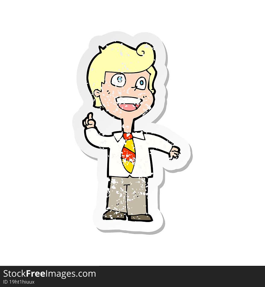 retro distressed sticker of a cartoon school boy raising hand