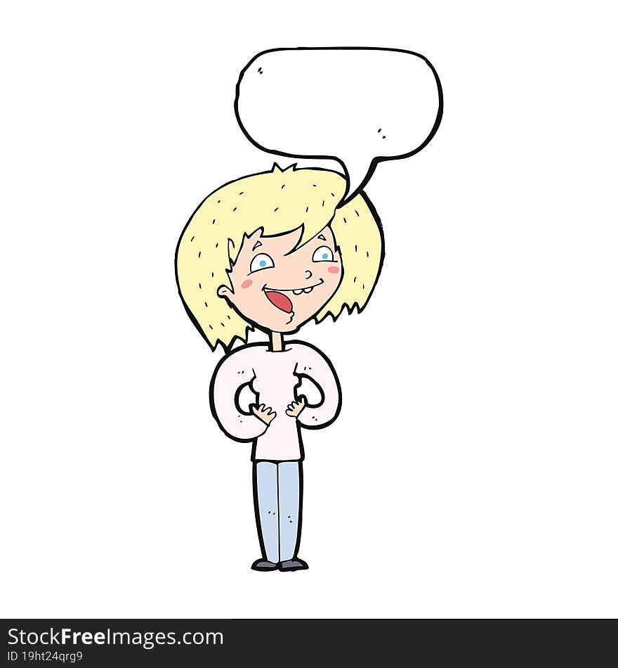 cartoon excited woman with speech bubble