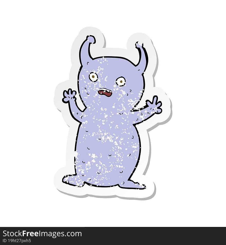 retro distressed sticker of a cartoon funny little alien