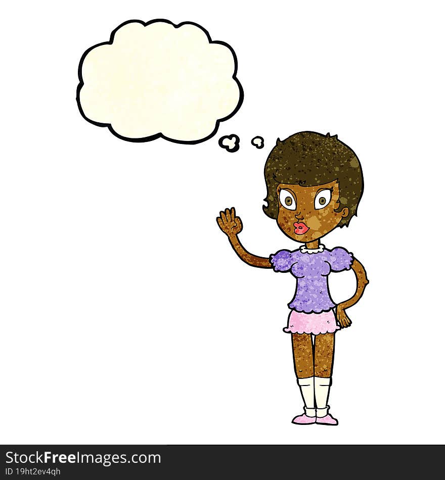 Cartoon Pretty Girl Waving With Thought Bubble