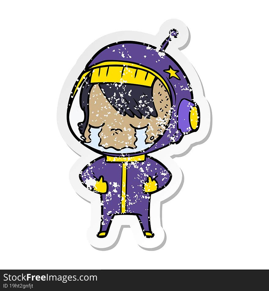 distressed sticker of a cartoon crying astronaut girl