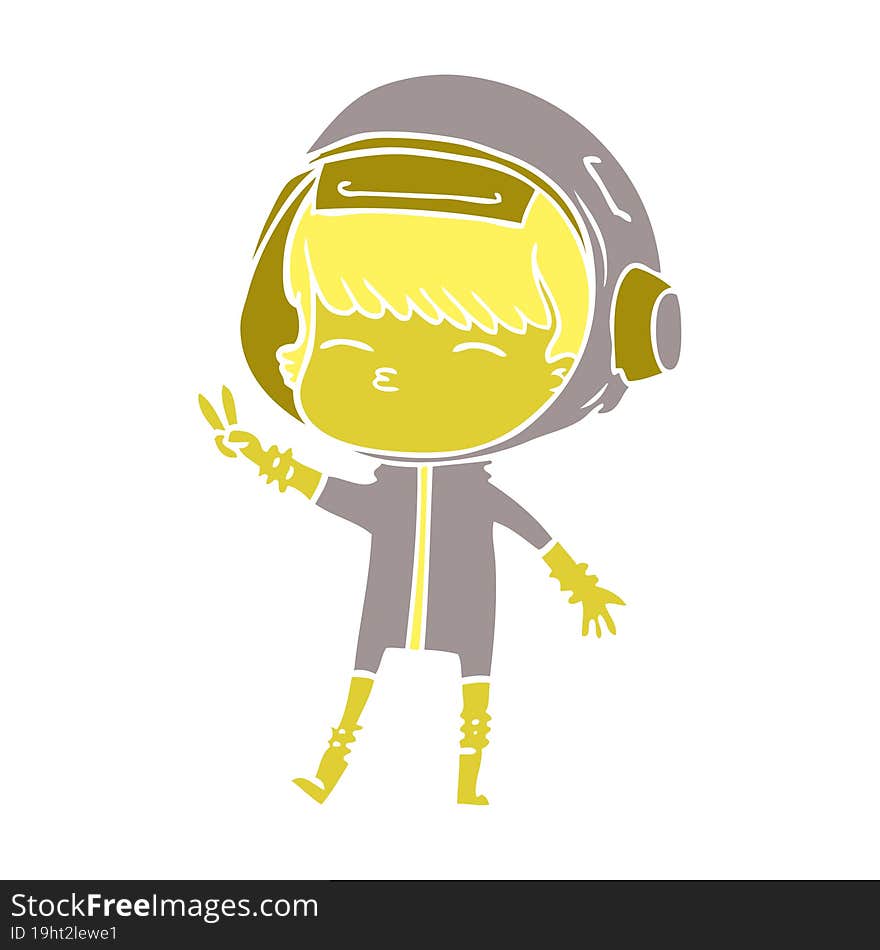 flat color style cartoon spacegirl making peace sign