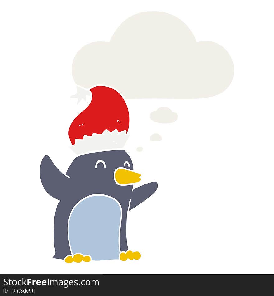 Cute Cartoon Christmas Penguin And Thought Bubble In Retro Style