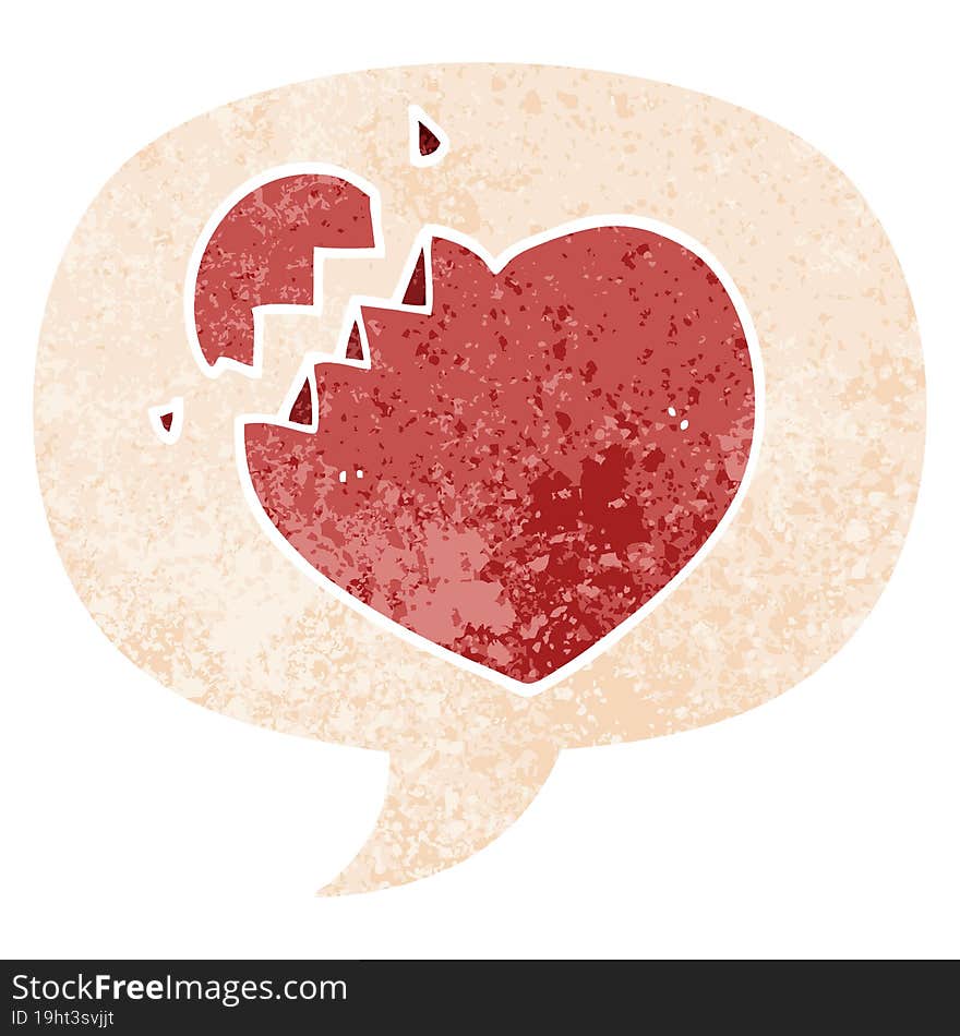 cartoon broken heart with speech bubble in grunge distressed retro textured style. cartoon broken heart with speech bubble in grunge distressed retro textured style